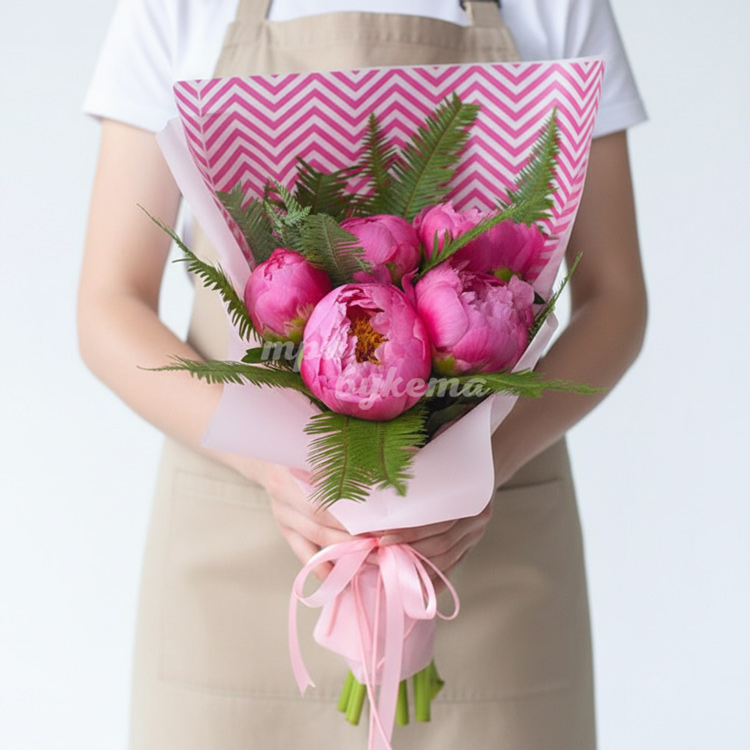 Букет из 5 пионов и амбреллы