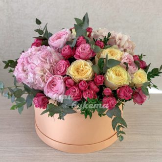 Коробка с гортензиями и ранункулюсами